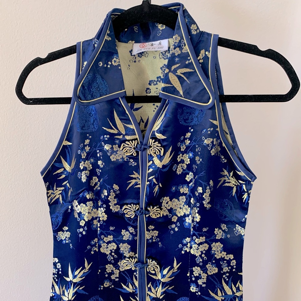 Vintage Qipao Cheongsam Blue & Gold Floral Dress Size M - Picture 2 of 6